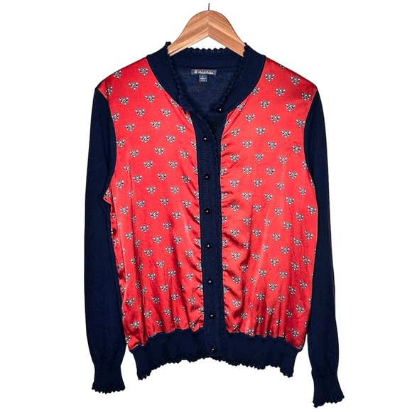 Brooks Brothers Button Cardigan fits Size Medium Merino Wool Silk Scarf Print - Picture 1 of 12